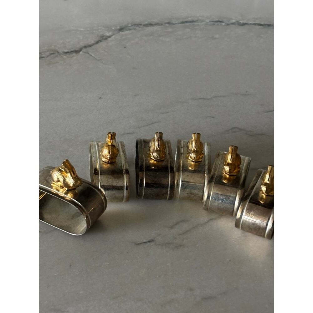 Set of 6 Gold Bunny Napkin Rings Silver Tone Easter Table Decor Vintage Rabbit